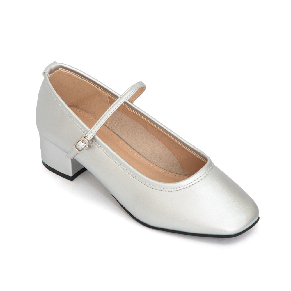 甜蜜蜜方頭氣質粗跟瑪莉珍鞋 銀色