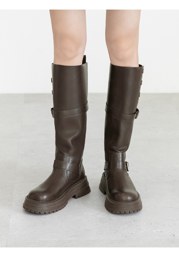 復古騎士釦環排釦機車長靴 咖啡