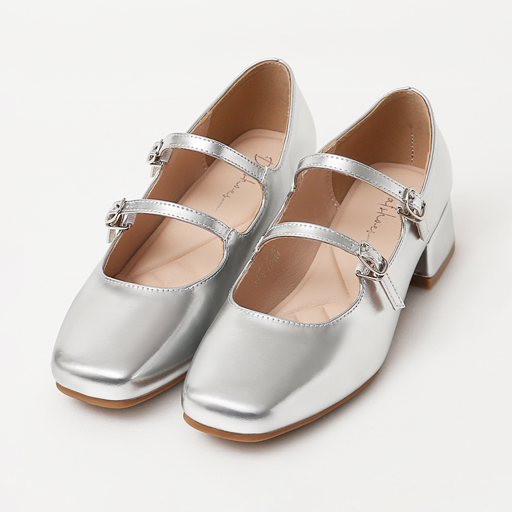 4D Cushioned Double-strap Low Heel Mary Jane Shoes Silver