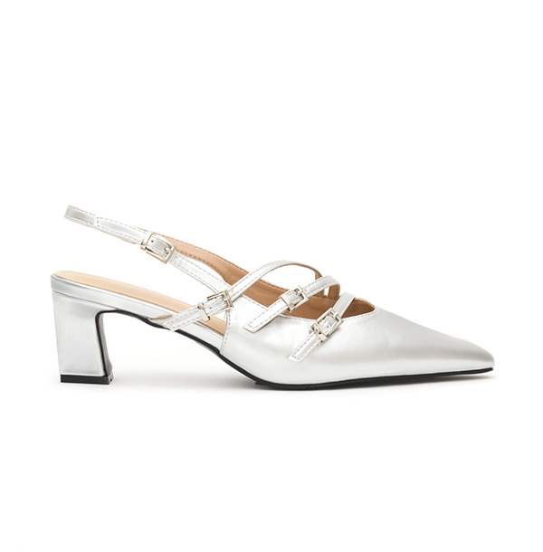 Three-Strap Pointed-Toe Slingback Heels Silver