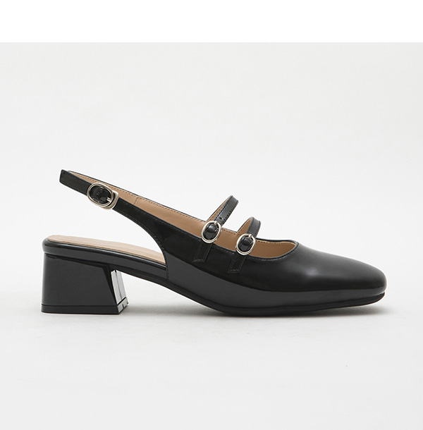 Patent Leather Double Strap Low-Heel Slingback Mary Jane Shoes Black