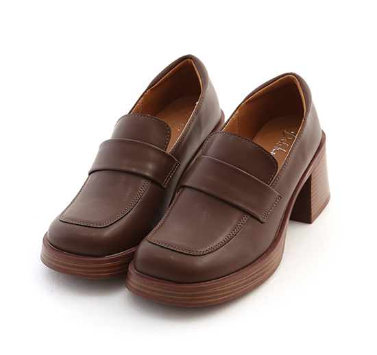 Classic Wooden High Heel Loafers Dark Brown
