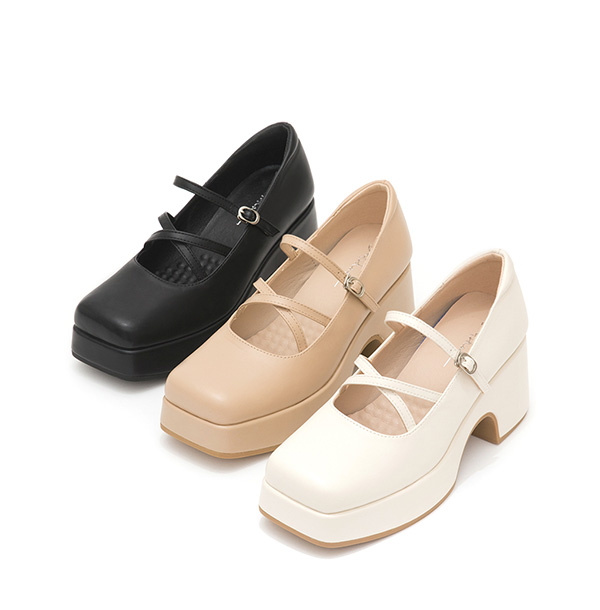 Square-Toe Cross-Strap Mary Jane Shoes Beige