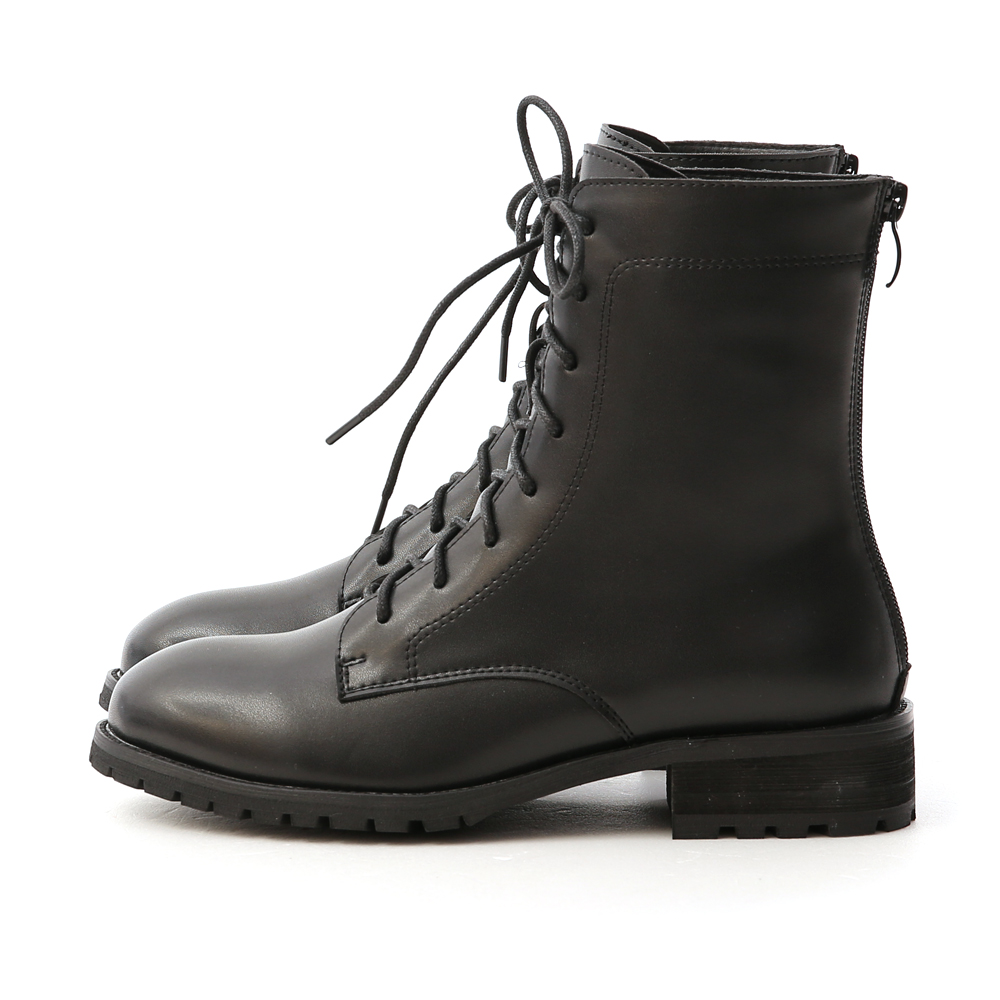Back Zipper Lace-Up Mid-Tube Boots Black