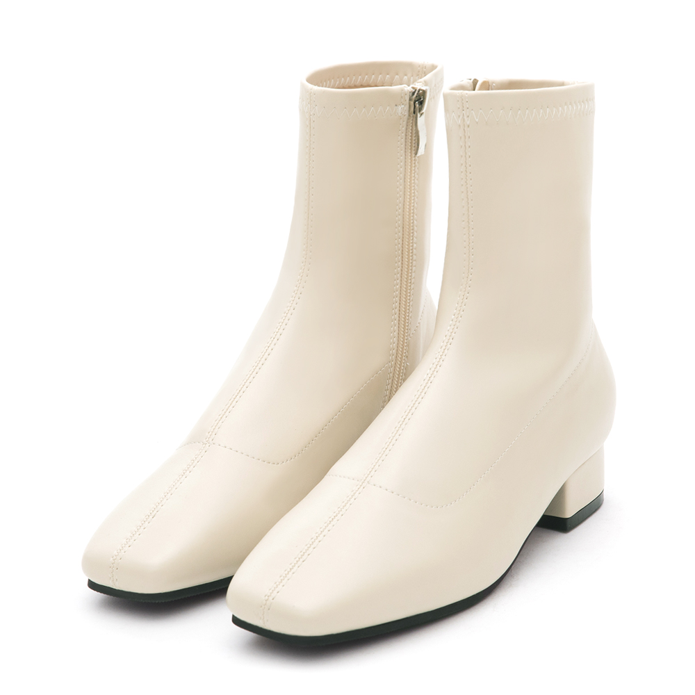 Stradivarius Seam Front Square-Toe Low-Heel Slim Boots French Vanilla White