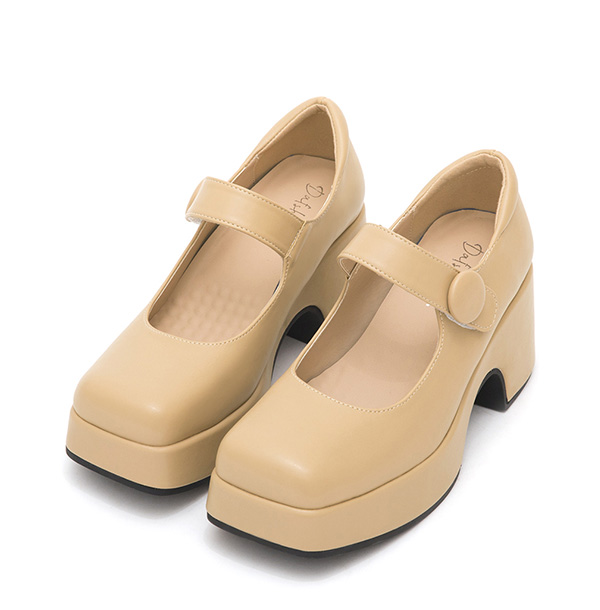 Square-Toe Thick-Soled Mary Jane Shoes Beige