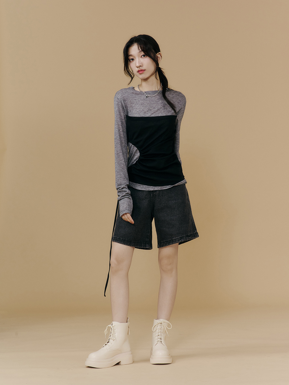 偶像學園輕量厚底綁帶短靴 米白色