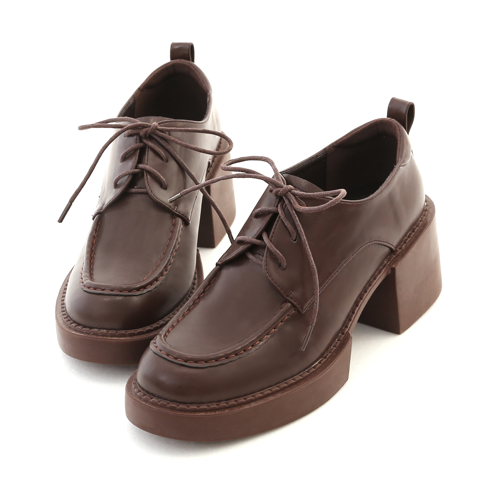 Lace-up Thick Sole High-Heel Derby Shoes Dark Brown