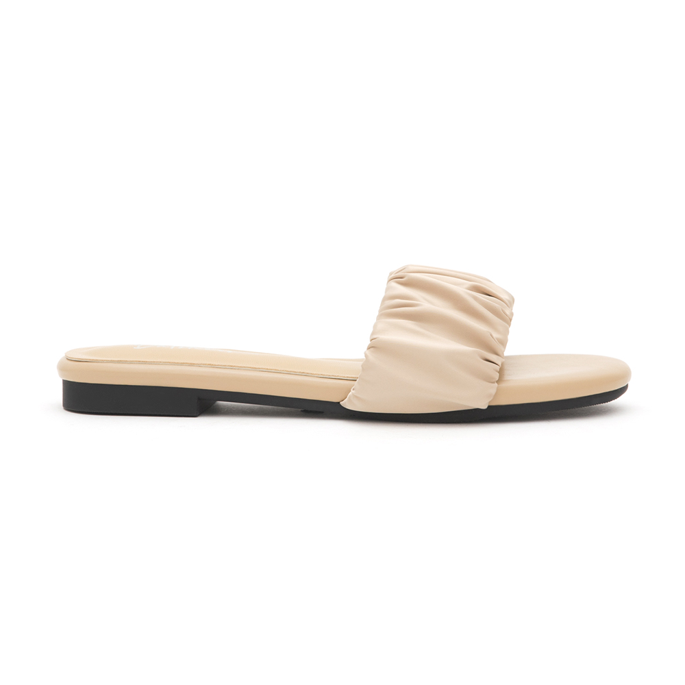 Satin Ruched Details  Flat Slides Beige