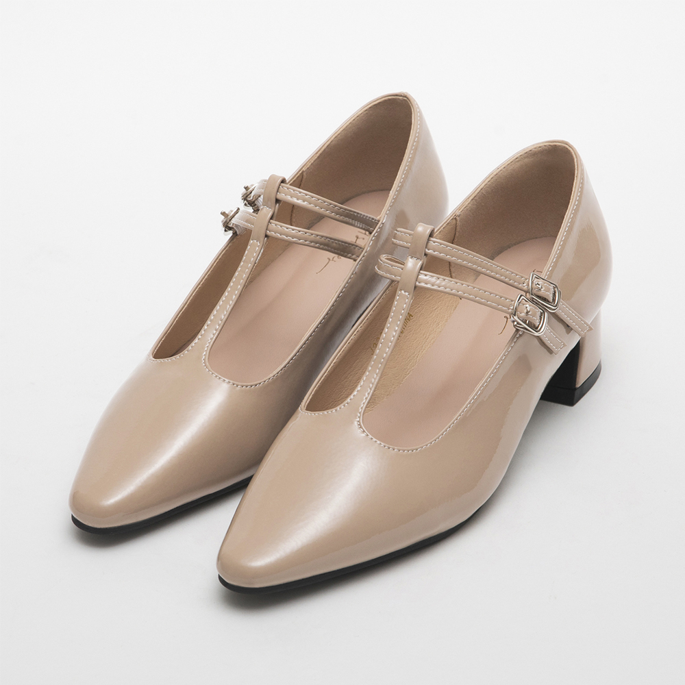 Patent T-Bar Mid-Heel Mary Jane Shoes Beige