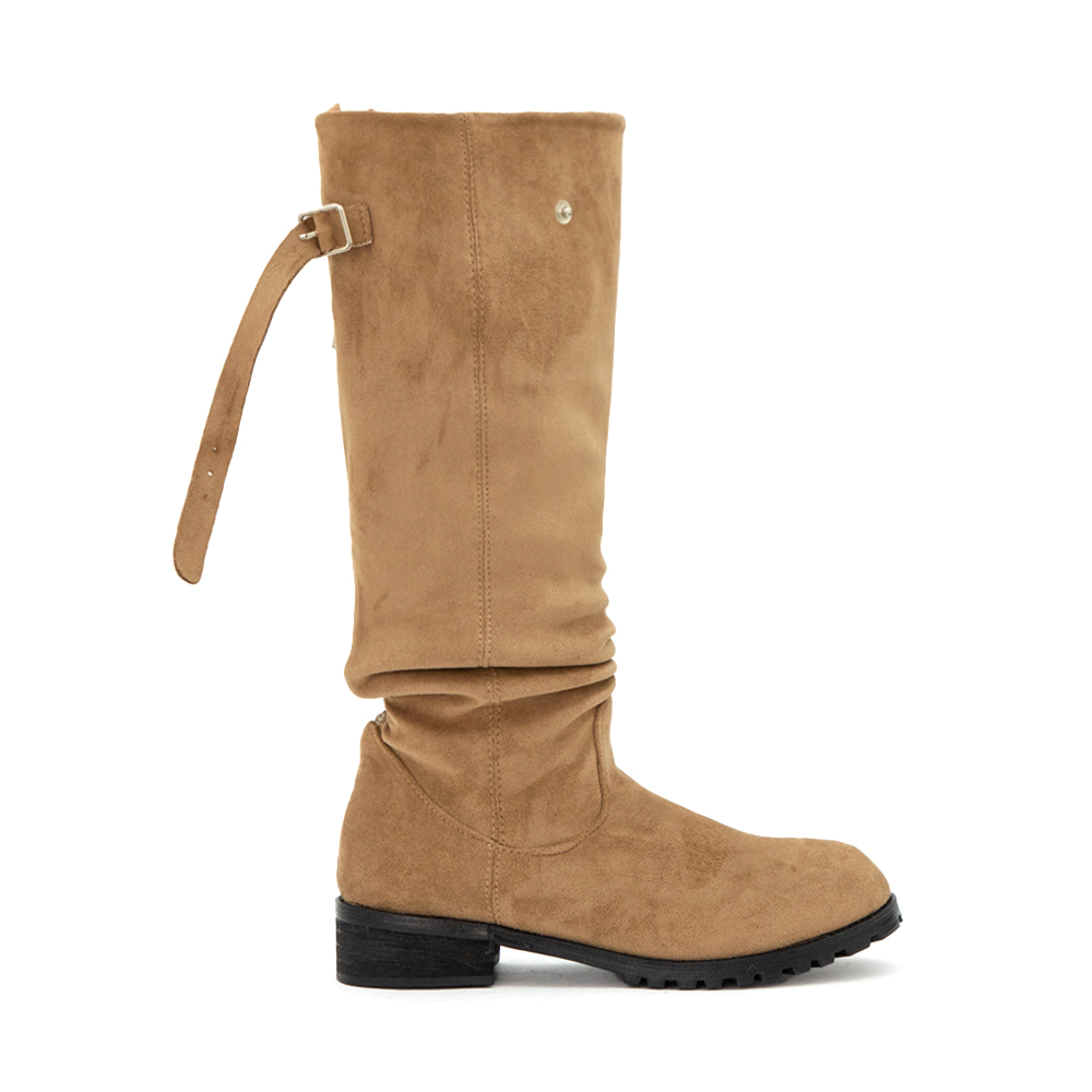 潮流熱搜後拉鍊寬筒堆堆靴 卡其色