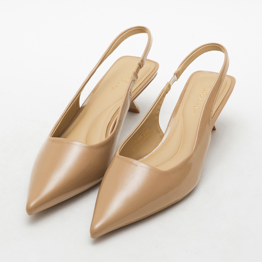 Elegant Pointed Toe Patent Mid-Heel Slingbacks 奶茶