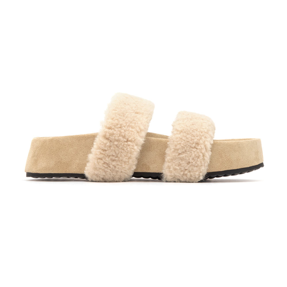 QQ小捲毛一字雙帶厚底拖鞋 杏色