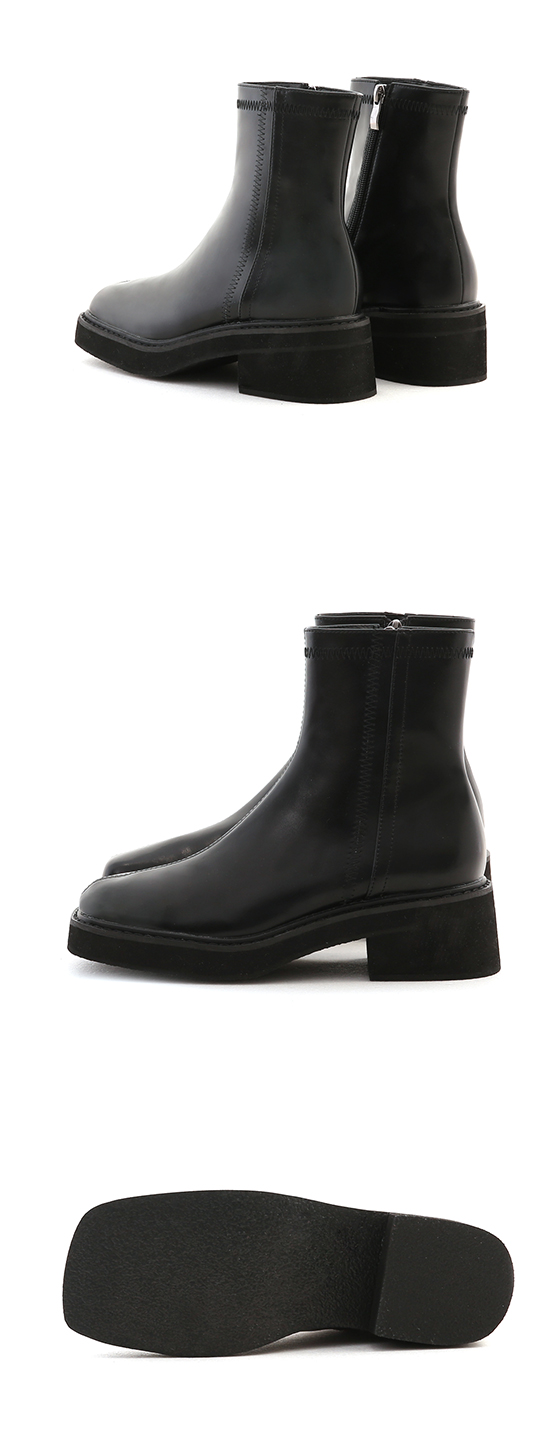 Stitched Square Toe Thick-Sole Ankle Boots Black