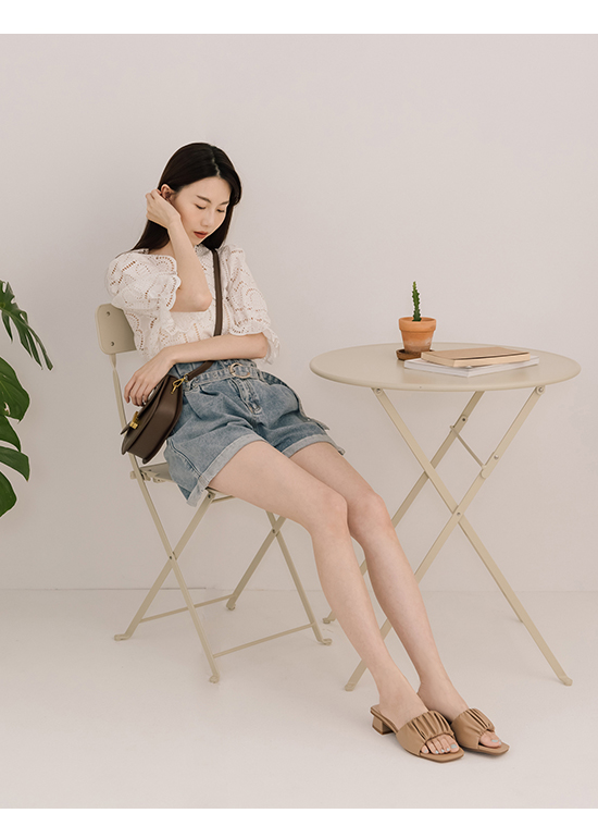 Ruched Detail Wide Strap Low Heel Sandals Beige