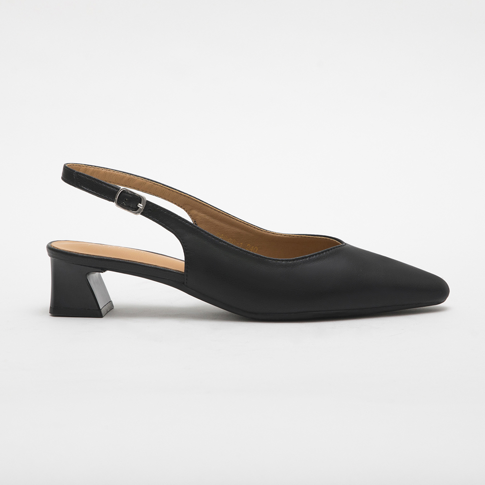 Microfiber V-cut Plain Pointed Toe Mid Heel Slingbacks Black