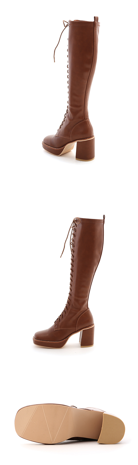 Thick Platform Lace-Up Under-The-Knee Boots Brown