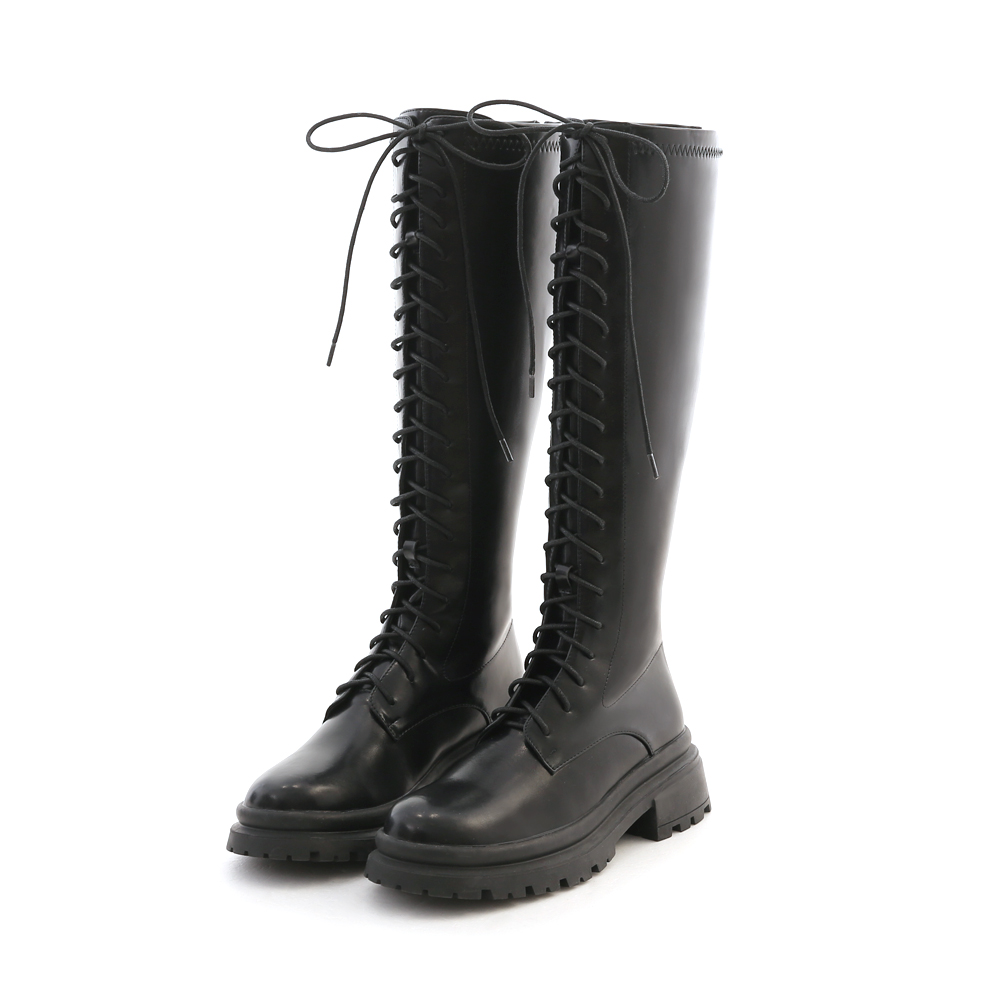 Round Toe Lace-Up Martin Tall Boots Black