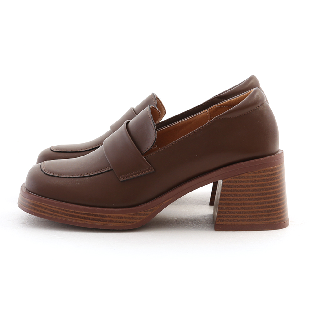 Classic Wooden High Heel Loafers Dark Brown