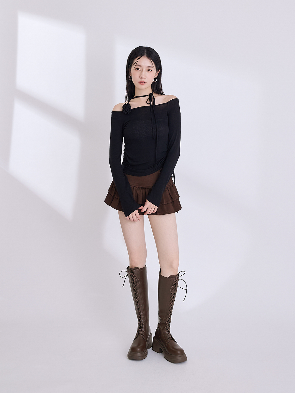 女團風輕量厚底綁帶長靴 咖啡色