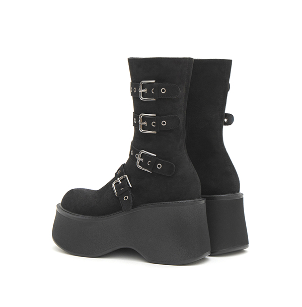 Multi-Buckle Platform Ankle Boots 黑絨