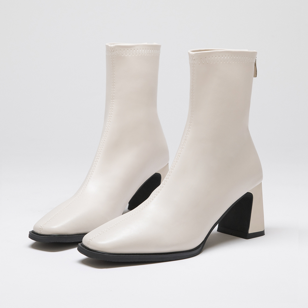 Plain Square Toe High Heels Slimming Boots Vanilla