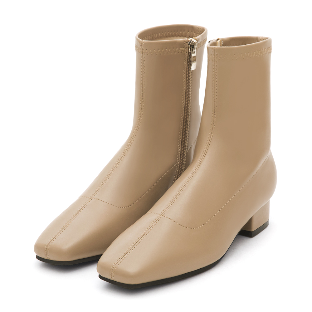 Stradivarius Seam Front Square-Toe Low-Heel Slim Boots Beige