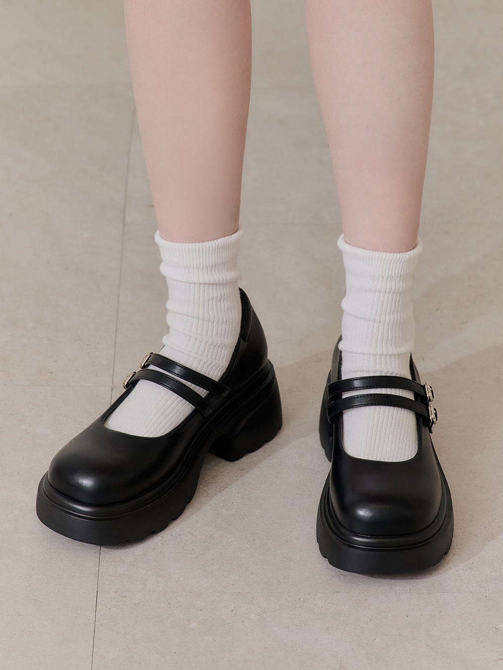 甜蜜愛心釦雙帶輕量瑪莉珍鞋 黑