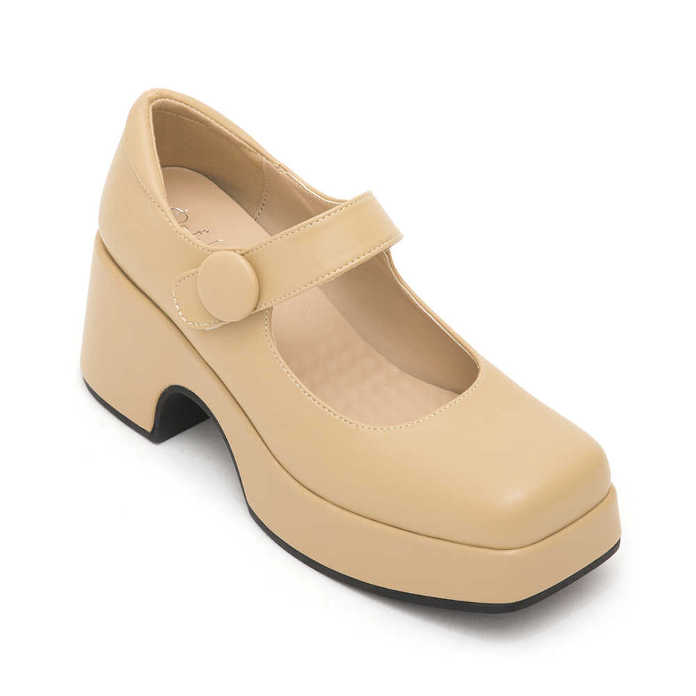 Square-Toe Thick-Soled Mary Jane Shoes Beige