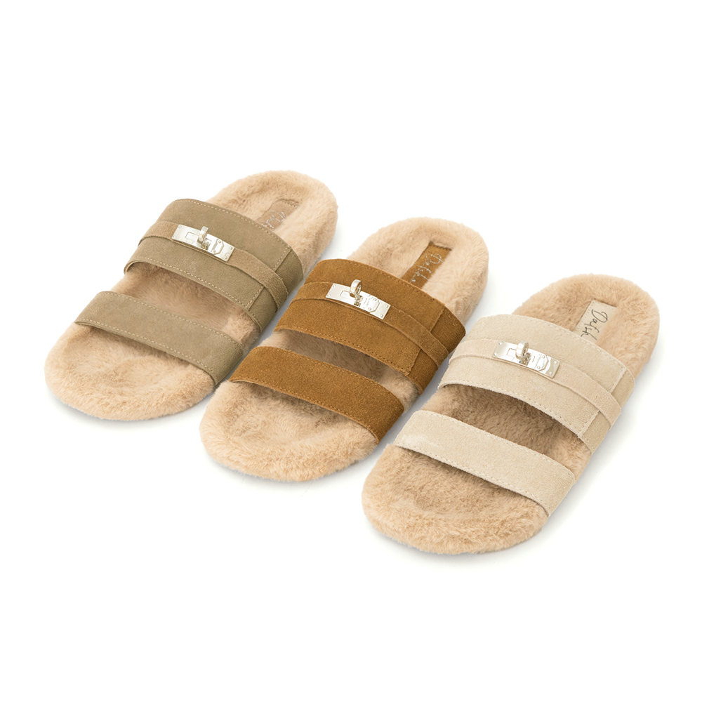 質感金屬鎖釦真皮毛毛拖鞋 米色