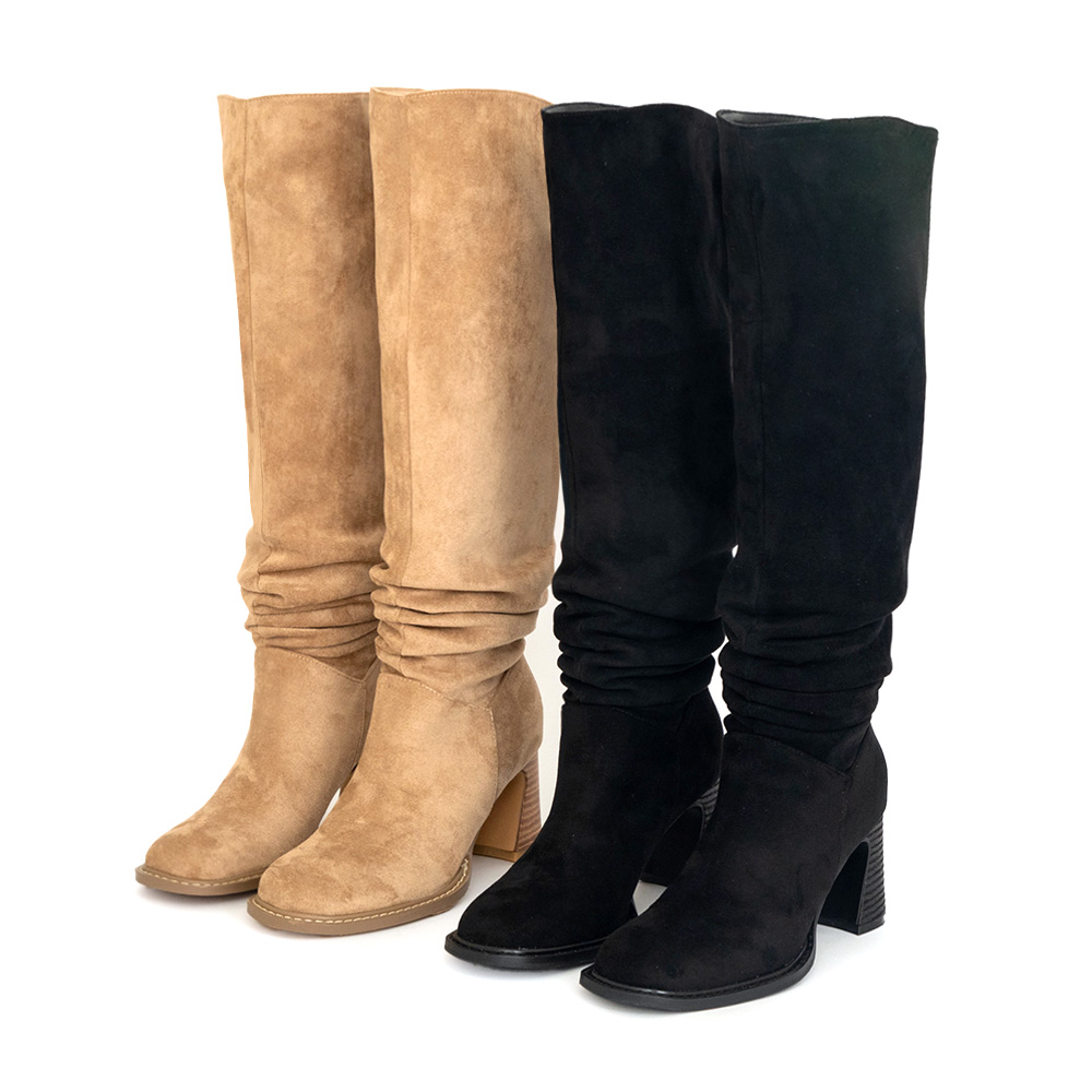 曠野玫瑰圓頭木紋跟堆堆長靴 黑色