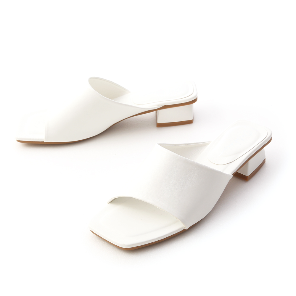 Irregular Strap Square Toe Low Heel Sandals White