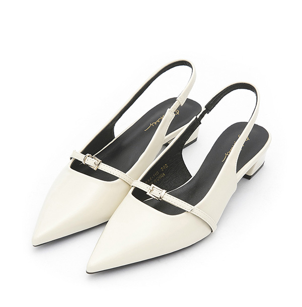 OL標配漆皮尖頭後空低跟鞋 香草白