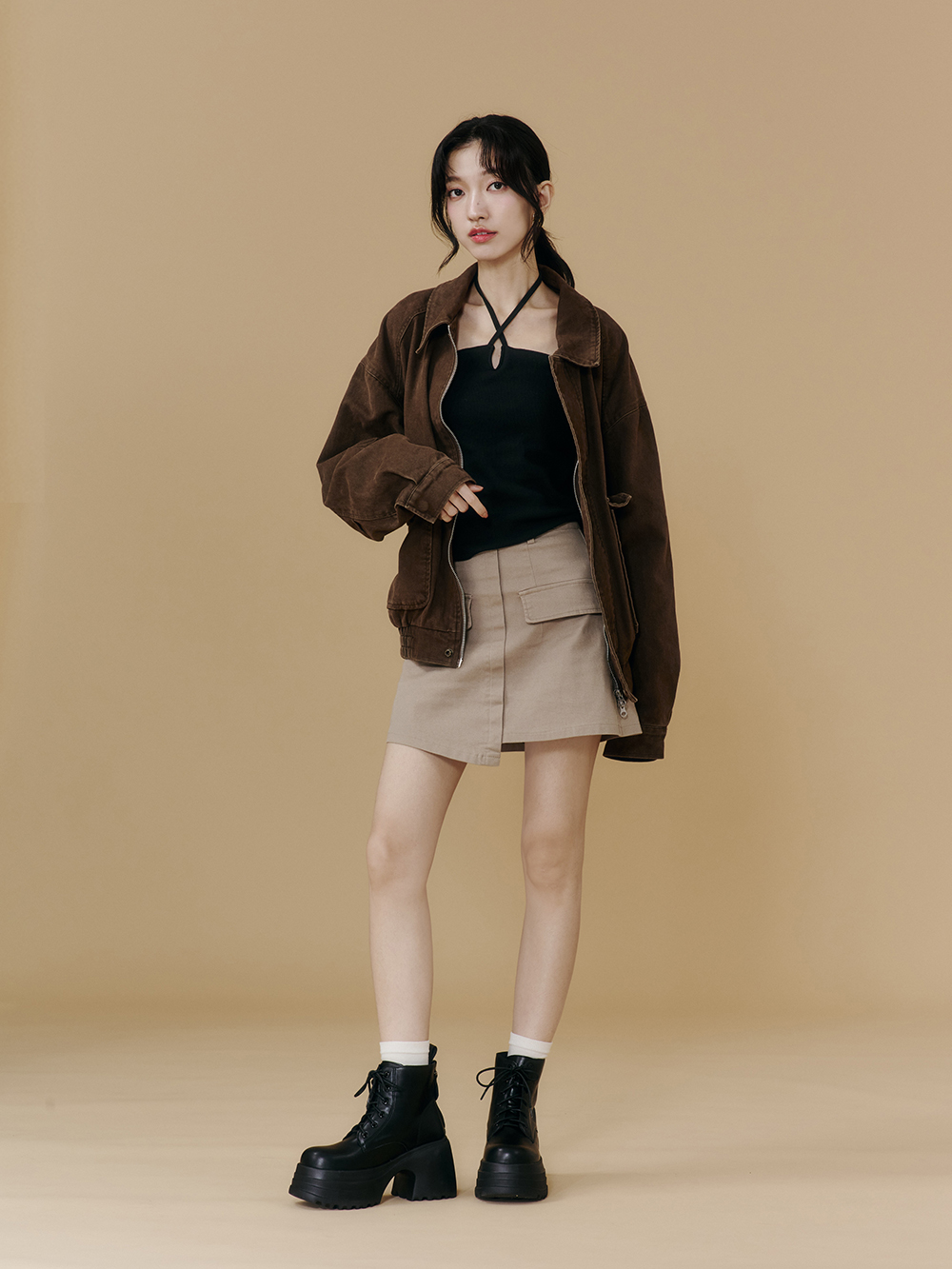 舞力全開增高加厚底綁帶短靴 黑色