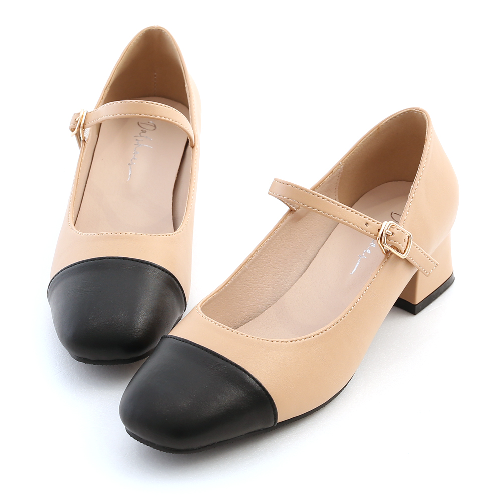 Black Toe Heeled Mary Jane Shoes Beige