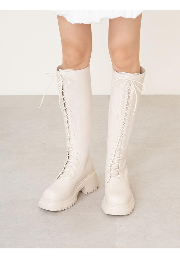 女團風輕量厚底綁帶長靴 米白色