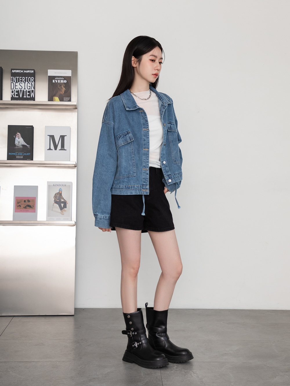 復古騎士釦環排釦機車短靴 黑色