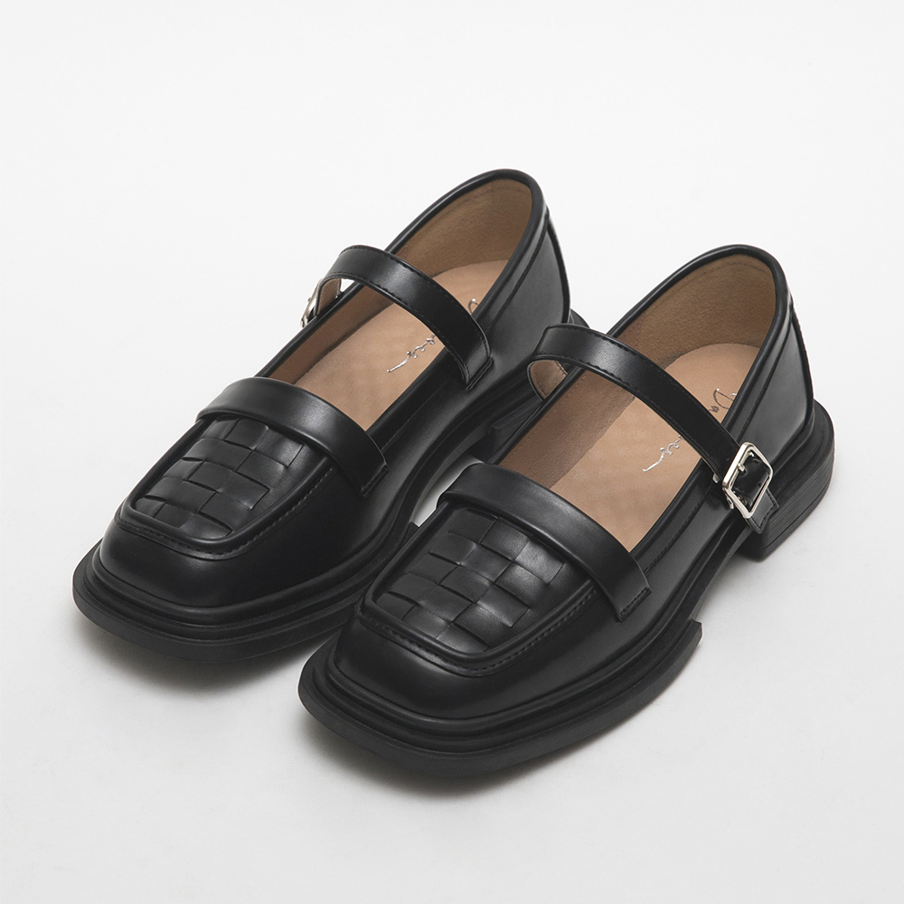 Chekered Woven Loafer Mary Jane Shoes Black