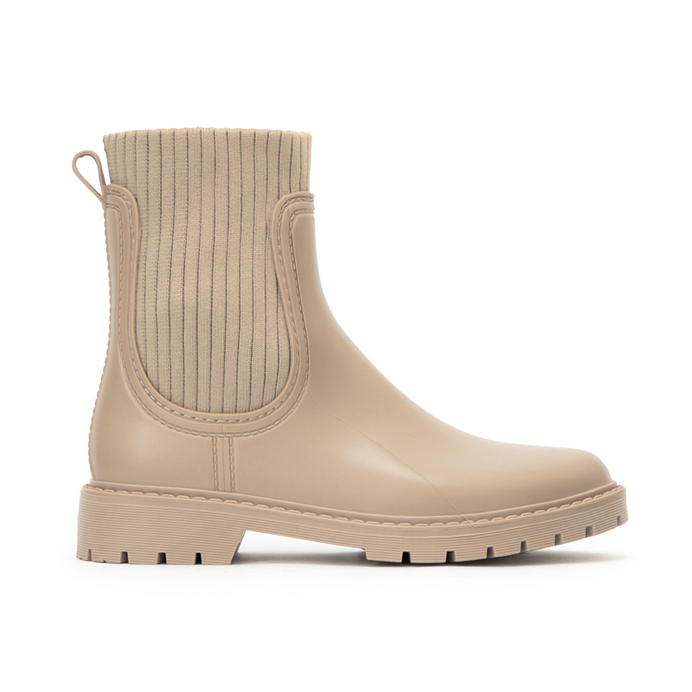 【機能鞋墊】針織拼接切爾西短筒雨靴 杏色