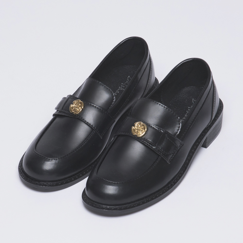 Camellia Golden Coin Decor Low-Heeled Loafers Black