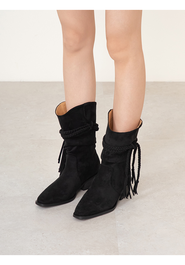 吉普賽流蘇小V口牛仔短靴 黑色