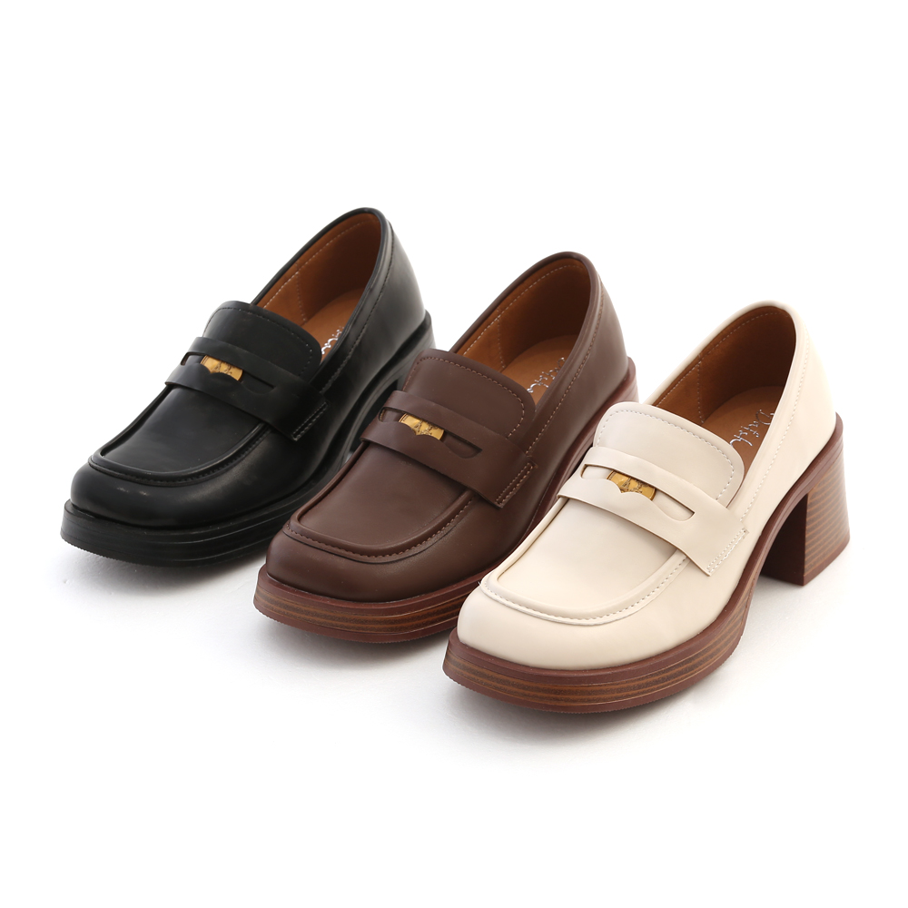 Lucky Gold Coin Wooden Heel Loafers Black