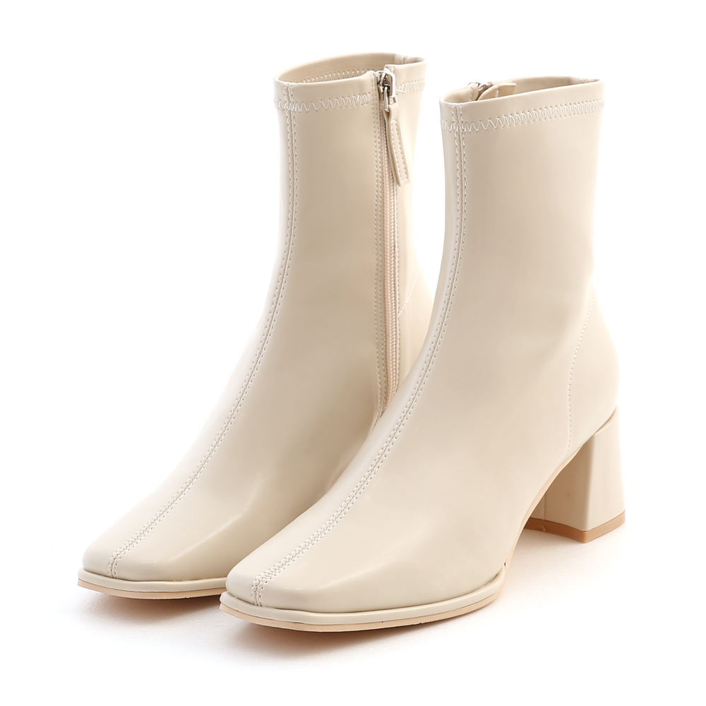Plain Square Toe High Heel Slimming Boots French Vanilla White