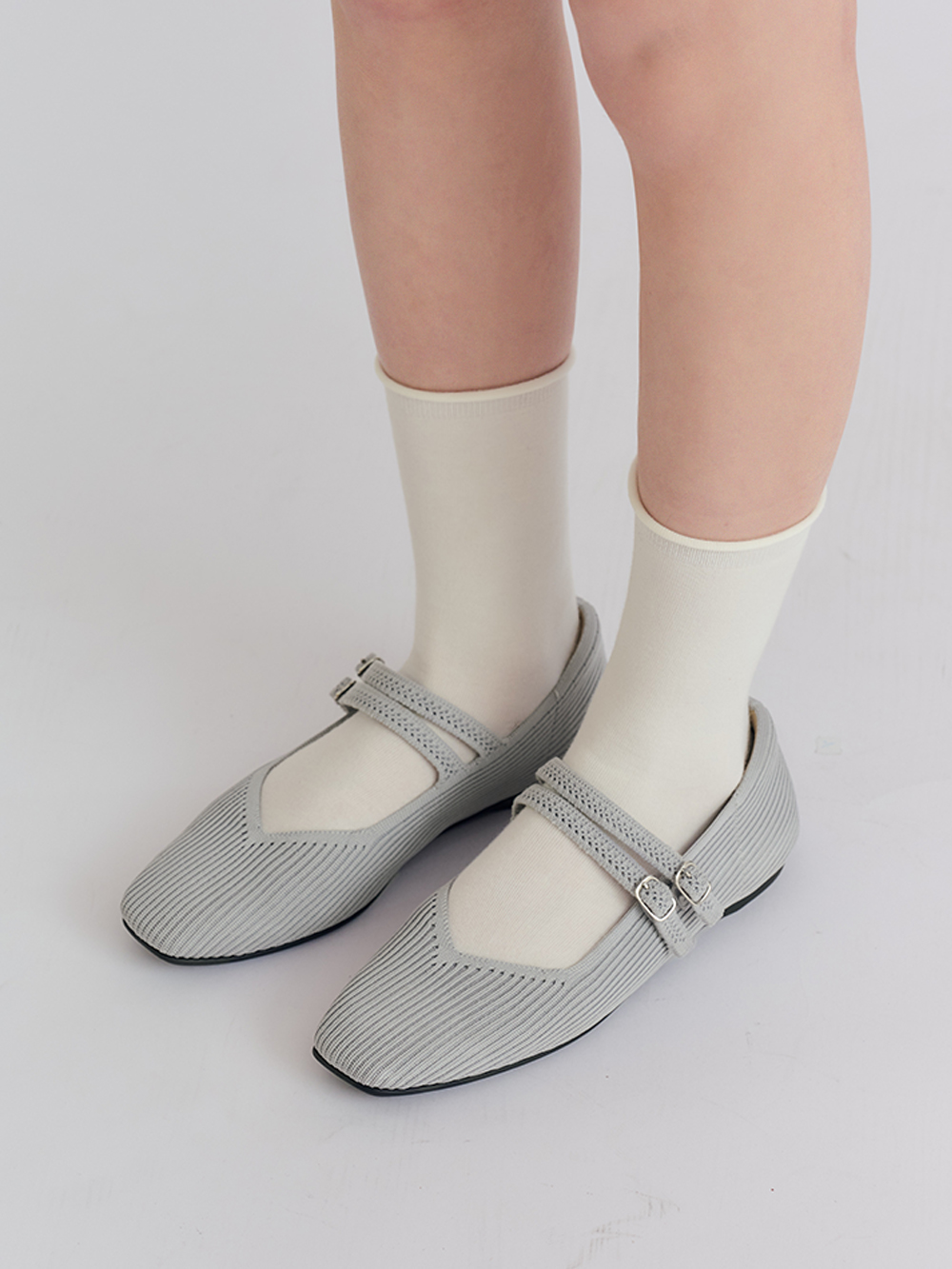 【3D零感雲織鞋】雙帶方頭瑪莉珍鞋 象牙灰