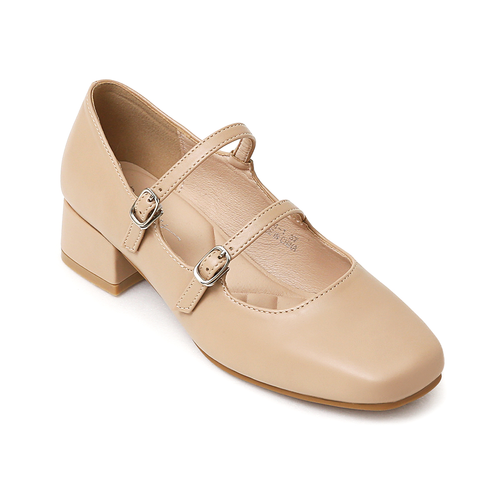 珍妮旋風．4D氣墊雙帶低跟瑪莉珍鞋 裸膚杏