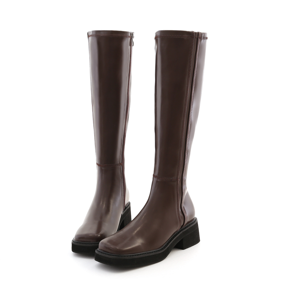 Stitched Square Toe Thick Sole Tall Boots Dark Brown