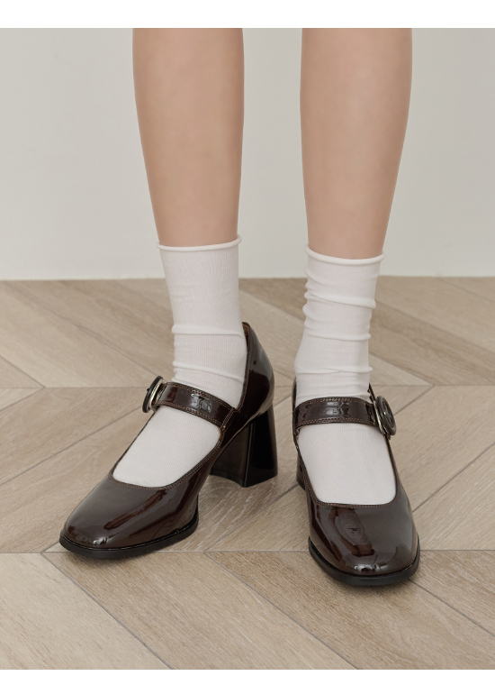 童話風格．小圓釦漆皮高跟瑪莉珍鞋 ブラウン