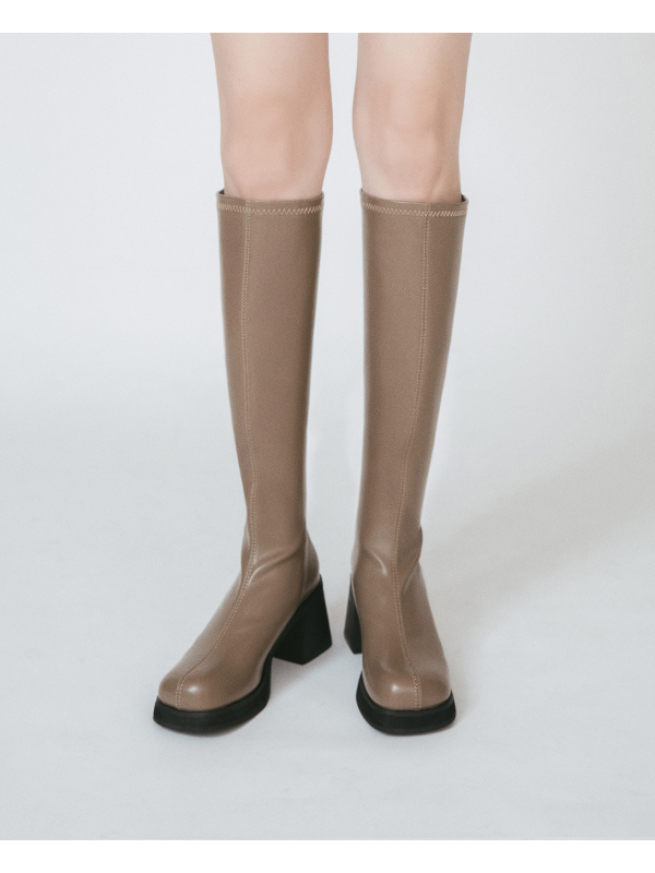 Round Toe Block Heel Slimming Boots Mocha grey