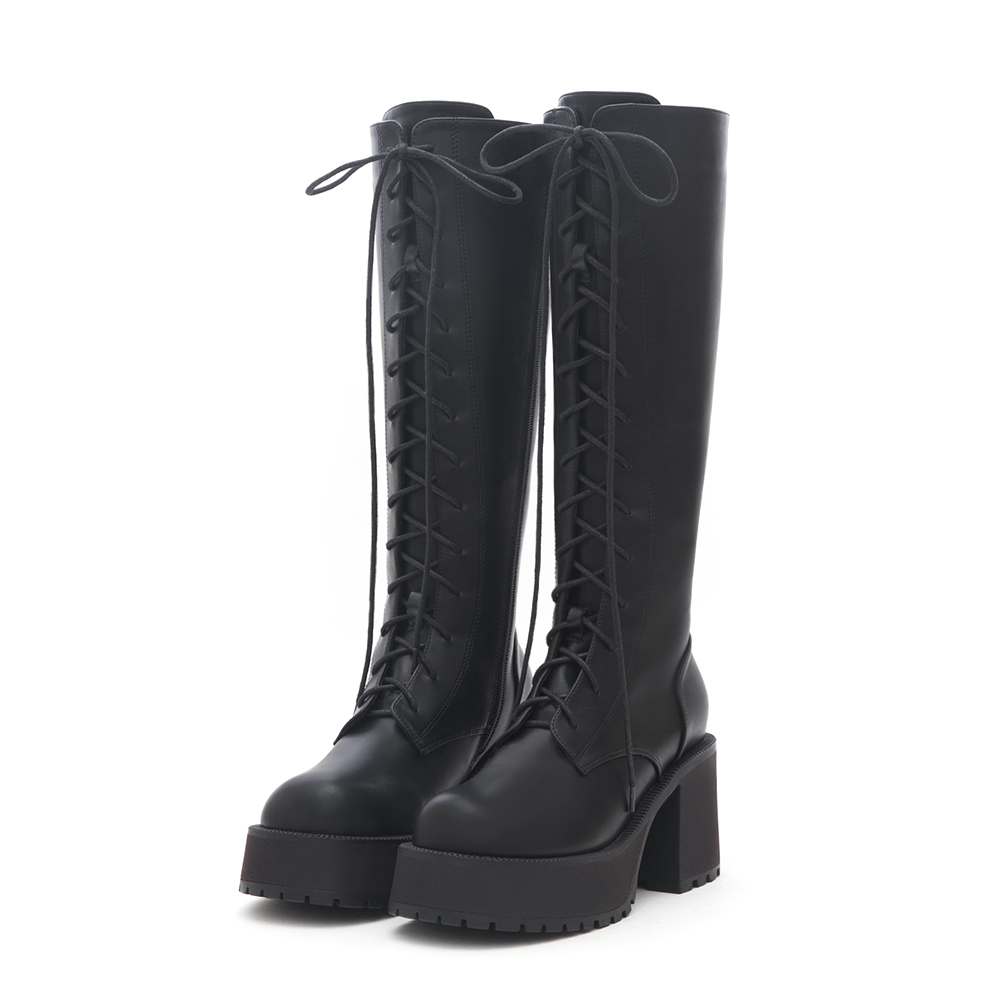 Thick-Sole High-Heel Lace-Up Boots Black