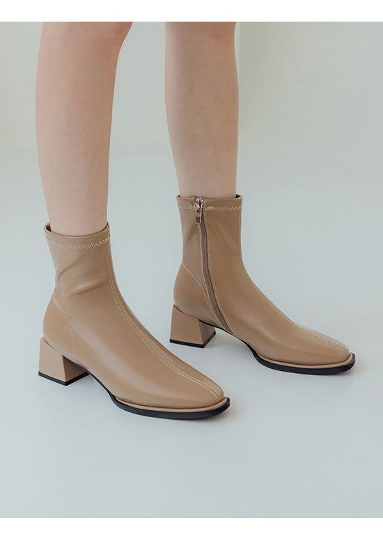 Square Toe Mid-Heel Slimming Boots Beige